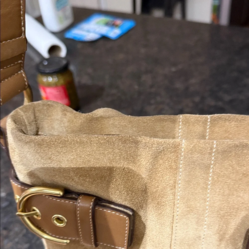 Coach Tan Suede SoHo Buckle Shoulder Bag with Buckle Accents